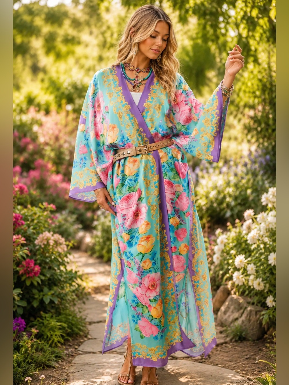 ❤️🔥 Aratta OS Aqua Floral Kimono with Pink and Purple Accents A-49 to A-51